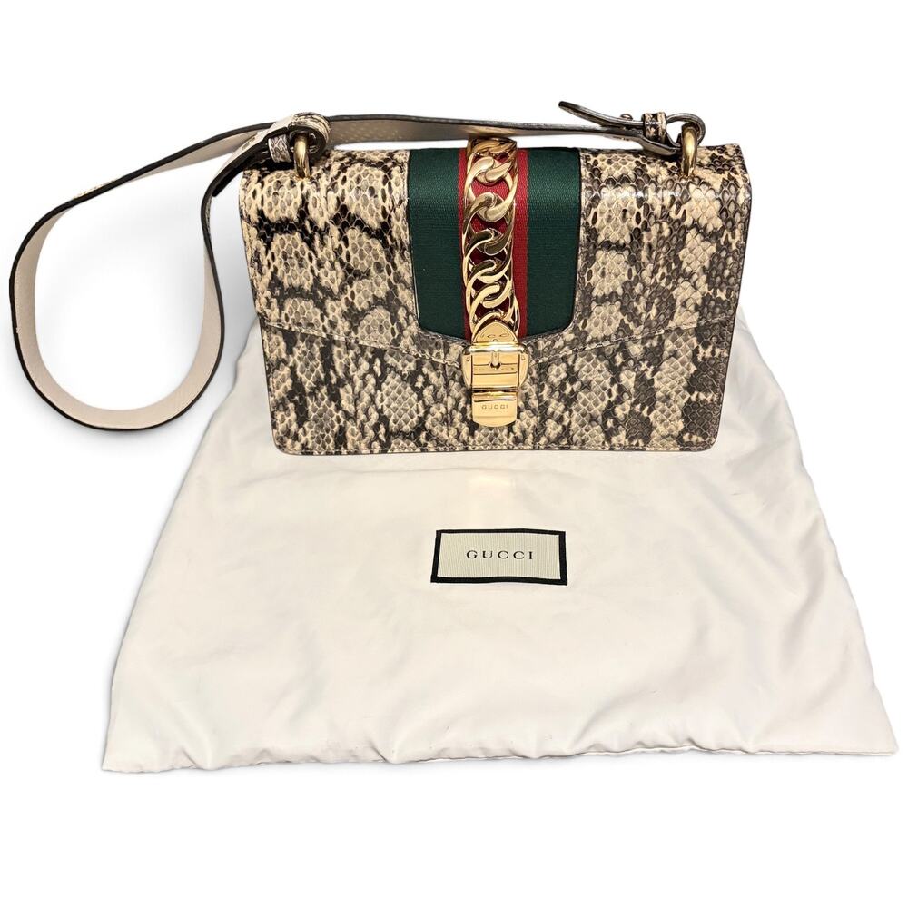 Gucci Sylvie Genuine Python Shoulder Bag with Web Stripe and Gold Chain + COA
